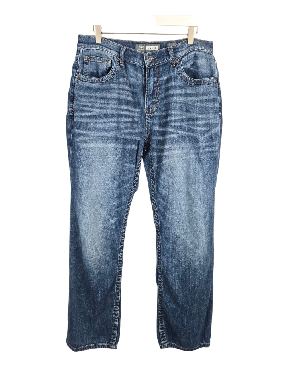 BKE Denim Tyler Straight Leg Jeans Medium Wash Whiskered Blue 34R